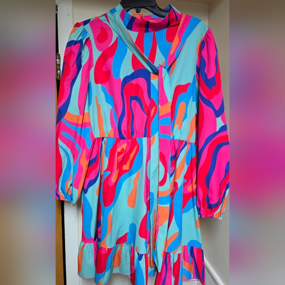 Retro Funky Disco Lantern Sleeve Ruffle Hem Dress NWOT XL - Picture 10 of 10